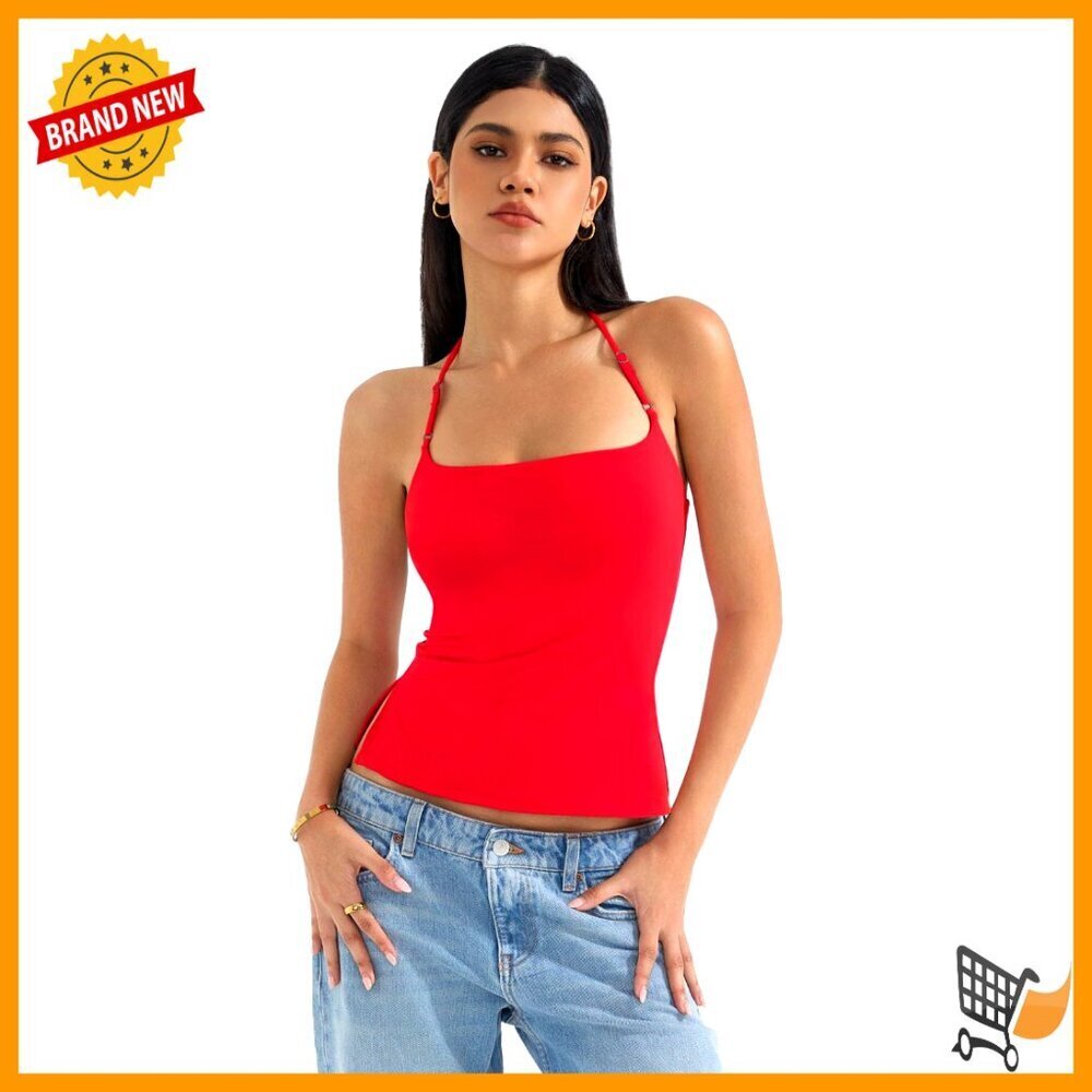 Halter Backless Tank Top Double Lined Y2K Going Out Crop Top Adjustable Straps